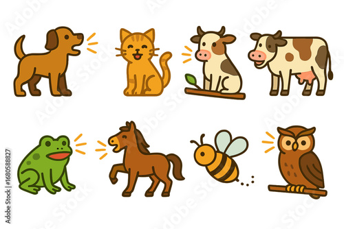 Animal Sound Icons. Flat vector mini-illustrations animal sounds in colors children's illustrations: dog barking, cat meowing,