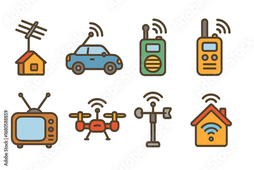 Antenna Icons for Kids. Flat vector mini-illustrations antenna in daily life in colors children's illustrations: rooftop antenna,
