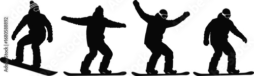 Silhouette sequence of a snowboarder performing tricks and maneuvers on a snowboard, isolated on white background.