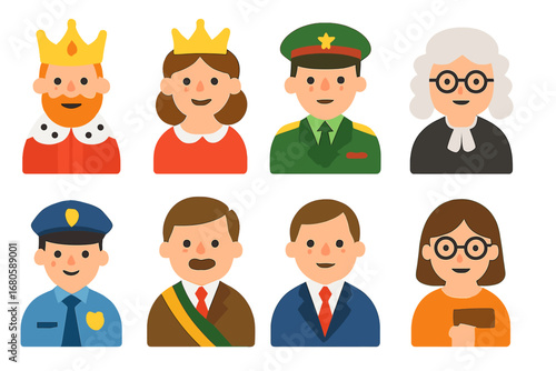 Authority Figures Icons. Flat vector mini-illustrations authority figures in colors children's illustrations: king, queen, general
