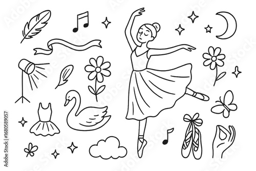 Ballet Bliss Doodles. Hand-drawn doodle illustration grace ballet dancer, flowing dress, swan, feather, flower, moon, stars,