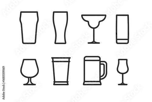 Bar Drink Icons. Outline icon set of bar drinks: pint glass, pilsner glass, margarita glass, highball glass, snifter, julep cup,