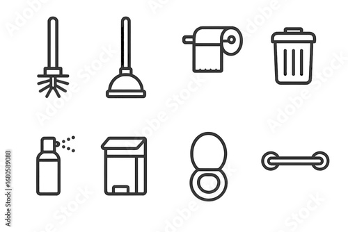 Bathroom Icon Set. Outline icon set of toilet accessories: toilet brush, plunger, toilet paper holder, waste bin, air freshener,