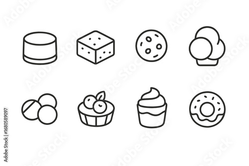 Bar Desserts Icons. Outline icon set of bar desserts: mini cheesecakes, brownies, cookies, ice cream scoops, chocolate truffles,