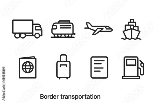 Border Transport Icons. Outline icon set of border transportation: truck, train, airplane, ship, passport, luggage, customs form,