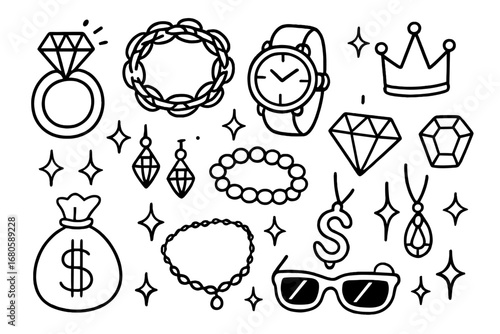 Bling Doodle Icons. Hand-drawn doodle illustration bold bling diamond ring, gold chain, watch, sparkling necklace, crown, gemstone