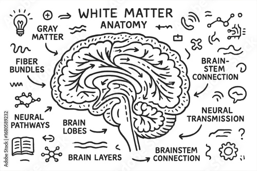 Brain Anatomy Doodle. Hand-drawn doodle illustration white matter anatomy brain cross-section, white matter region, grey matter,