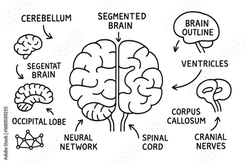 Brain Part Doodles. Hand-drawn doodle illustration cerebellum and brain parts cerebellum, cerebrum, brainstem, pons, medulla