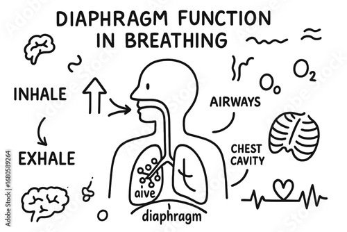 Breathing Process Illustration. Hand-drawn doodle illustration Diaphragm function in breathing diaphragm, lungs, chest cavity,