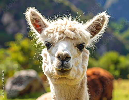 Close-up portrait of a fluffy white alpaca, with expressive eyes and a gentle, curious gaze, set against a blurred background of lush greenery and distant mountains.