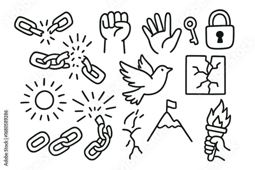 Breaking Chains of Oppression. Hand-drawn doodle illustration Overcoming oppression broken chain, clenched fist, hand breaking