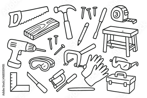 Carpentry Tools Icons. Hand-drawn doodle illustration carpenter saw, hammer, nails, measuring tape, wood plank, screwdriver,