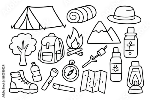 Camping Essentials Doodle. Hand-drawn doodle illustration Tent tent, sleeping bag, campfire, backpack, lantern, hiking boots,
