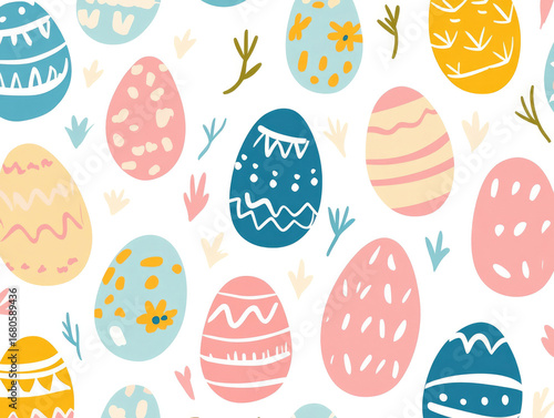 Colorful Easter eggs seamless pattern with festive spring decoration, cute bunny elements, pastel holiday background, decorative seasonal design for greeting cards, wrapping paper and celebration proj