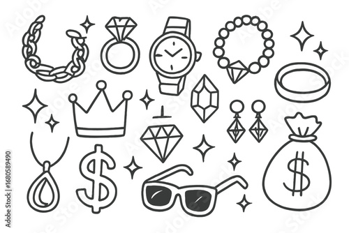 Cartoon Jewelry Icons. Hand-drawn doodle illustration flashy jewelry gold chain, diamond ring, watch, sparkling necklace, crown,