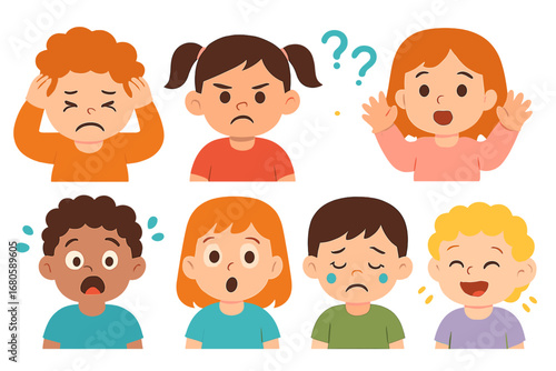 Chaotic Emotions Grid. Flat vector mini-illustrations chaotic emotions in colors children's illustrations: frustration, anger,