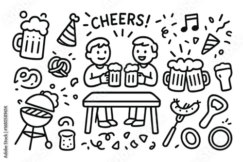 Cheers Doodle Celebration. Hand-drawn doodle illustration toast with beer mugs beer mug, foam, clinking glasses, bubbles, party