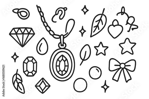 Charming Silver Doodles. Hand-drawn doodle illustration silver pendant silver chain, bail, clasp, diamond, ruby, sapphire, emerald