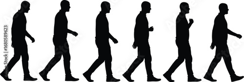 Silhouette sequence of a man walking, showing different stages of motion, isolated on white background for animation.
