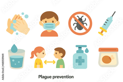Child-Friendly Health Icons. Flat vector mini-illustrations plague prevention in colors children's illustrations: hand washing,