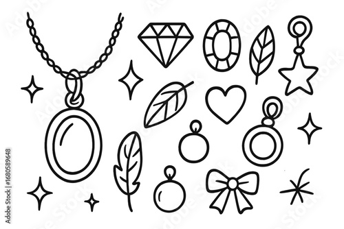 Charming Silver Doodles. Hand-drawn doodle illustration silver pendant silver chain, bail, clasp, diamond, ruby, sapphire, emerald