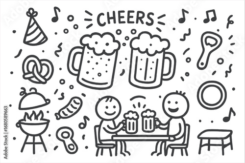 Cheers Doodle Celebration. Hand-drawn doodle illustration toast with beer mugs beer mug, foam, clinking glasses, bubbles, party