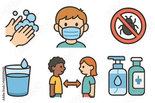 Child-Friendly Health Icons. Flat vector mini-illustrations plague prevention in colors children's illustrations: hand washing,