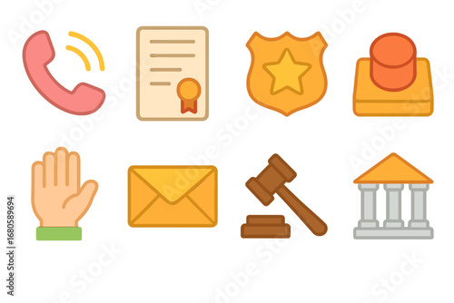 Child-Friendly Safety Icons. Flat vector mini-illustrations abuse reporting in colors children's illustrations: phone call, legal