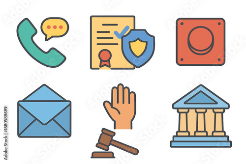 Child-Friendly Safety Icons. Flat vector mini-illustrations abuse reporting in colors children's illustrations: phone call, legal