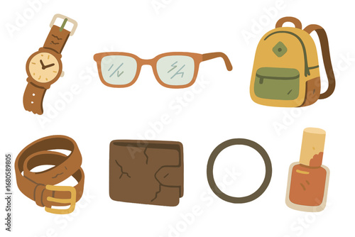 Children's Accessory Icons. Flat vector mini-illustrations accessory wear in colors children's illustrations: worn-out watch strap