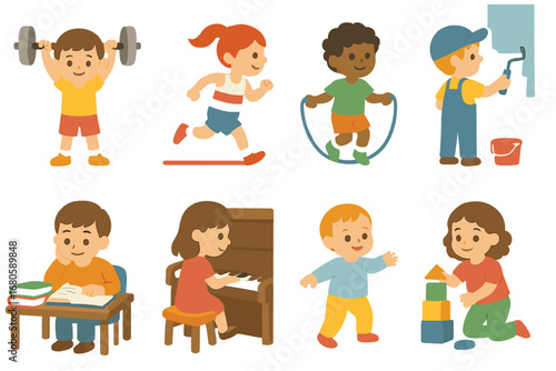 Children's Activity Icons. Flat vector mini-illustrations effort in colors children's illustrations: child lifting weights, girl