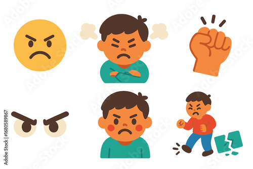 Children's Anger Icons. Flat vector mini-illustrations anger and frustration in colors children's illustrations: frowning face,