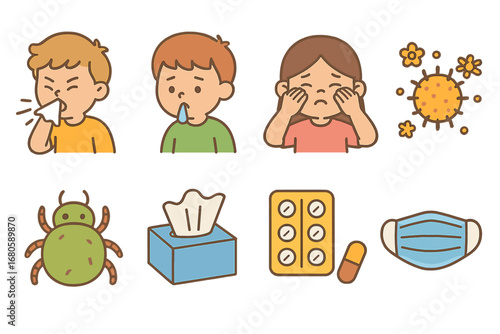 Children's Allergy Icons. Flat vector mini-illustrations dust allergies in colors children's illustrations: sneezing child, runny