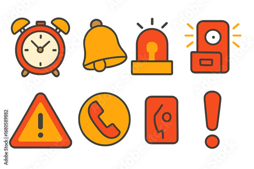 Children's Alarm Icons. Flat vector mini-illustrations alarm in colors children's illustrations: alarm clock, ringing bell,