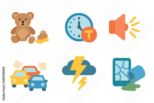 Children's Anger Triggers. Flat vector mini-illustrations anger triggers in colors children's illustrations: broken toy, spilled