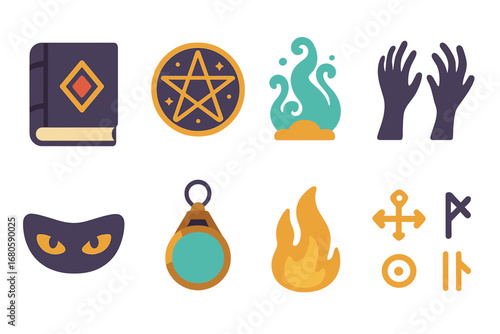 Children's Dark Magic Icons. Flat vector mini-illustrations dark magic in colors children's illustrations: dark spell book,