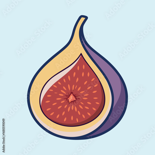 Illustration of a delicious and colorful fig cut in half on light blue