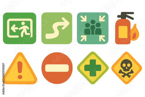 Children's Emergency Icons. Flat vector mini-illustrations emergency signage in colors children's illustrations: exit sign,