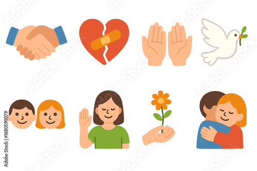 Children's Emotion Icons. Flat vector mini-illustrations regret and forgiveness in colors children's illustrations: handshake,