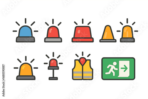 Children's Emergency Icons. Flat vector mini-illustrations emergency lights in colors children's illustrations: police car light,