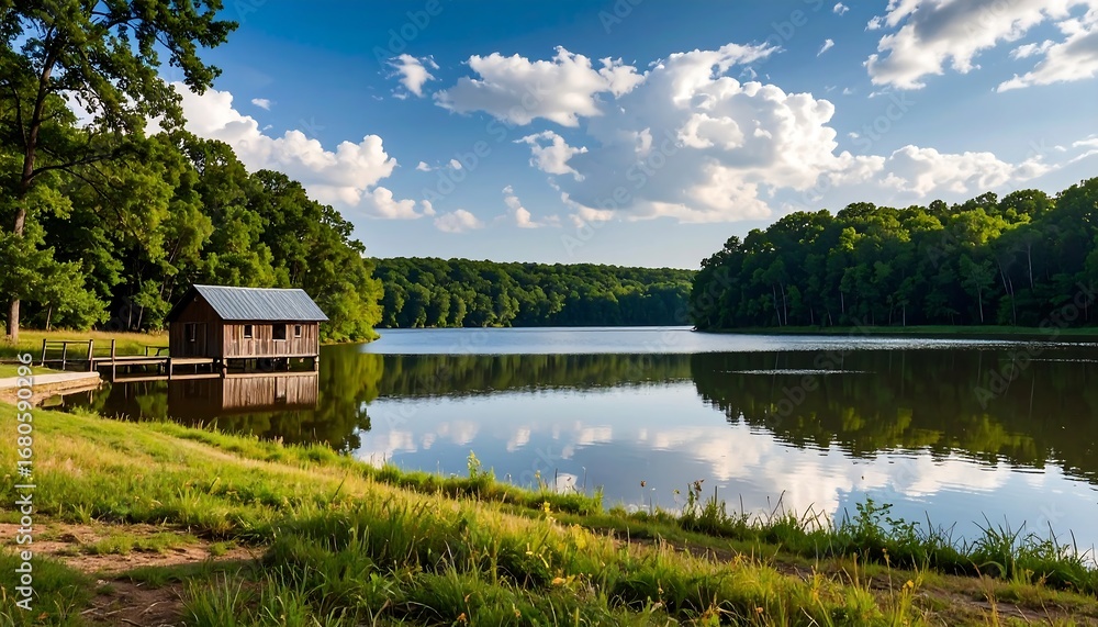 Fototapeta premium Serene lake scene with a rustic wooden boathouse, reflecting peacefully on the still water, surrounded by lush greenery and a vibrant sky filled with fluffy clouds.