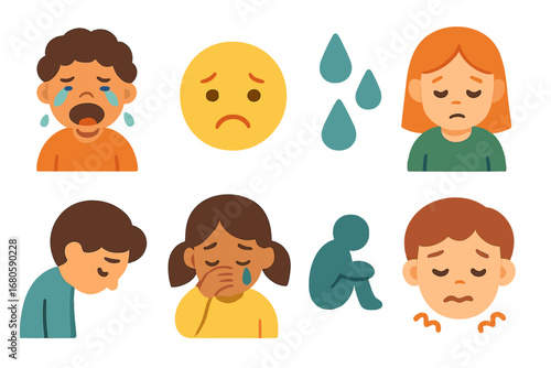 Children's Grief Icons. Flat vector mini-illustrations grief emotions in colors children's illustrations: crying child, sad face,
