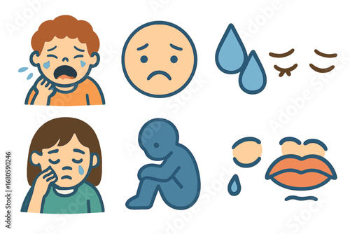 Children's Grief Icons. Flat vector mini-illustrations grief emotions in colors children's illustrations: crying child, sad face,