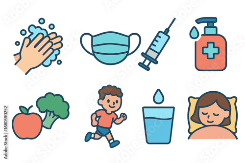 Children's Health Icons. Flat vector mini-illustrations disease prevention in colors children's illustrations: hand washing, face