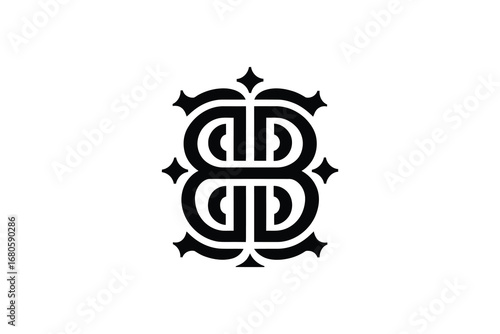 A symmetrical monogram logo design featuring intertwined letters in black ink