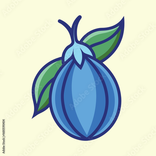 Stylized Blue Fruit with Green Leaves, isolated on a Creamy Background