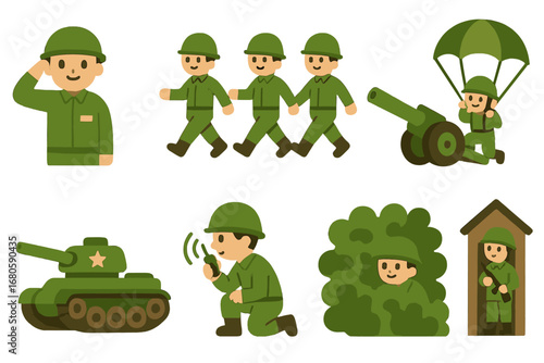 Children's Military Icons. Flat vector mini-illustrations military actions in colors children's illustrations: saluting soldier,