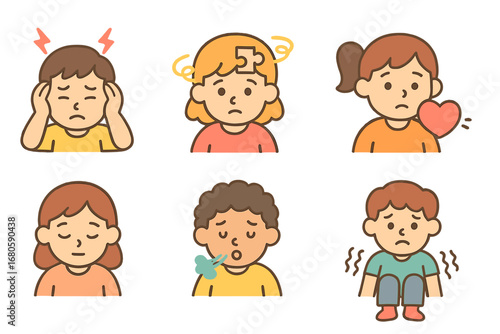 Children's Mental Health Icons. Flat vector mini-illustrations mental breakdown symptoms in colors children's illustrations: