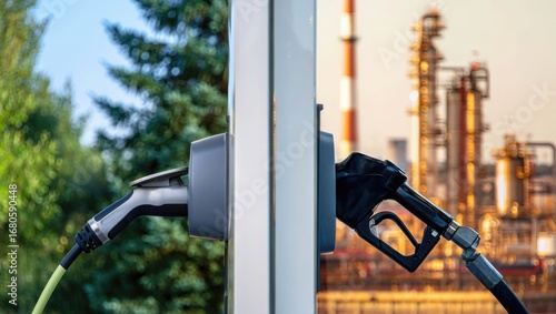 Electric Vehicle Charging Connector Plugged Near Gasoline Nozzle with Petroleum Refinery in Background