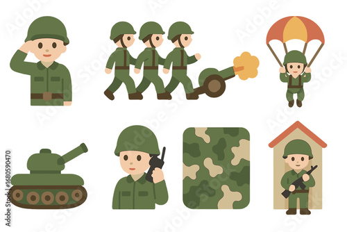 Children's Military Icons. Flat vector mini-illustrations military actions in colors children's illustrations: saluting soldier,